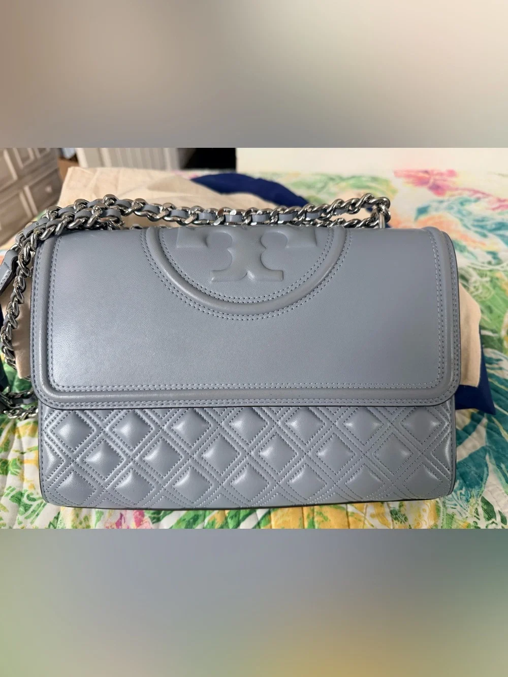 Tory Burch Quilted & Smooth Leather Chain Shoulder Bag in Light Gray-Blue